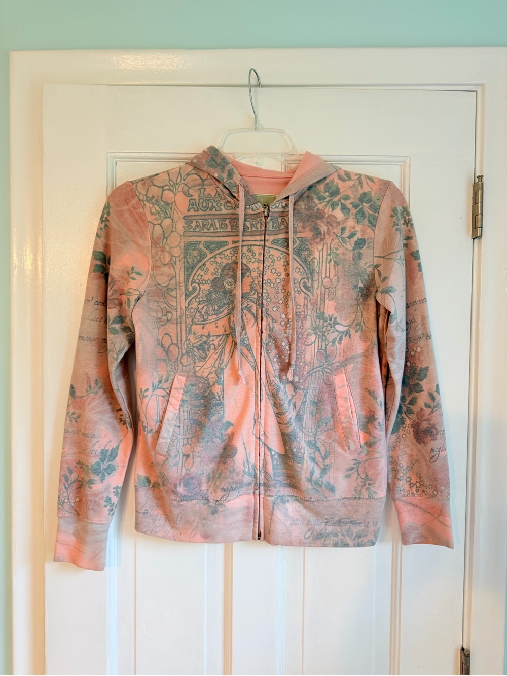 Vintage GreenTea Pink and Green Floral Zip-Up Hoodie Jacket